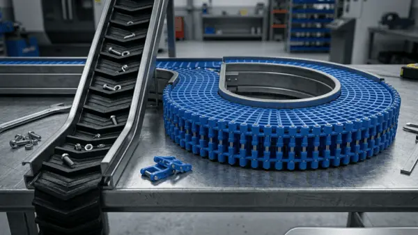 Modular plastic chain, cleated profiles, and curved conveyor loop sections